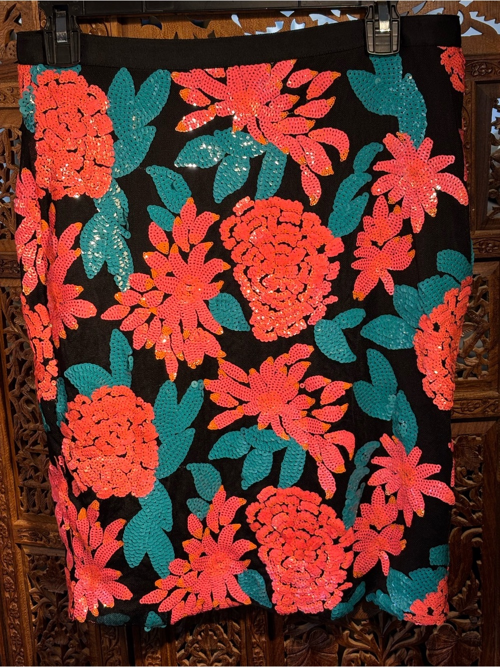 NWT Greylin Black Mini Skirt with Coral Pink Sequin Florals and Teal Leaves